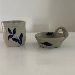 Williamsburg pottery candlestick holder & small crock